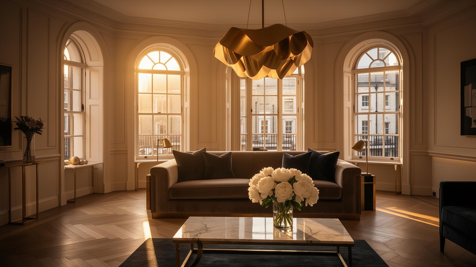 Luxury London townhouse interior at golden hour